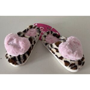 Barbie Leopard Print Pink Heart Plush Faux Fur Slippers Women’s Size Small‎ 5-6